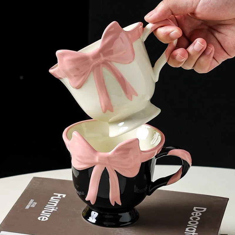 Original design ceramic heart bow mug in black pink or white powder colour with 301-400ml capacity