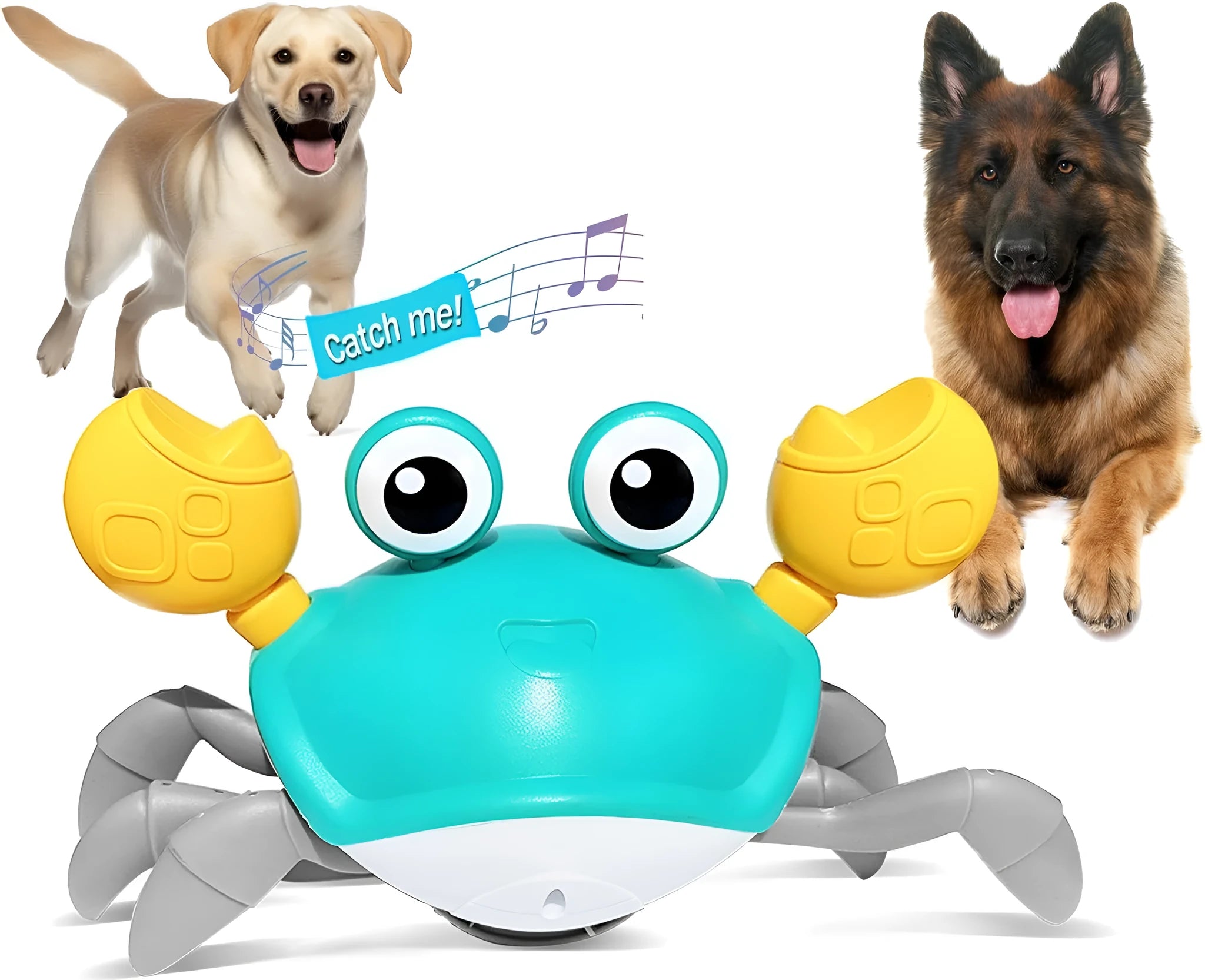 Blue crawling crab dog toy with obstacle avoidance sensors and LED lights