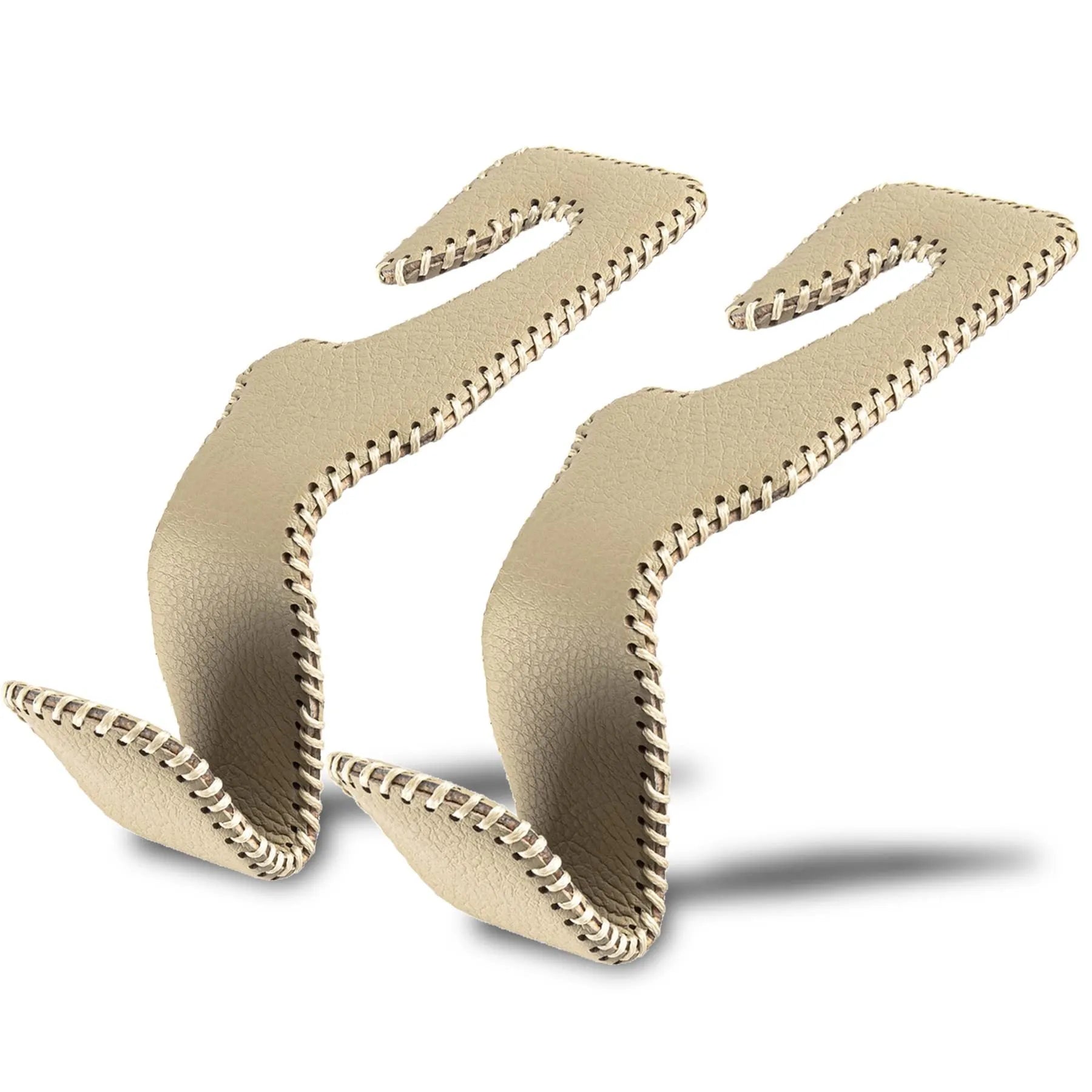Stainless steel car seat back hook with gold finish clipped onto a car headrest, holding a shopping bag.