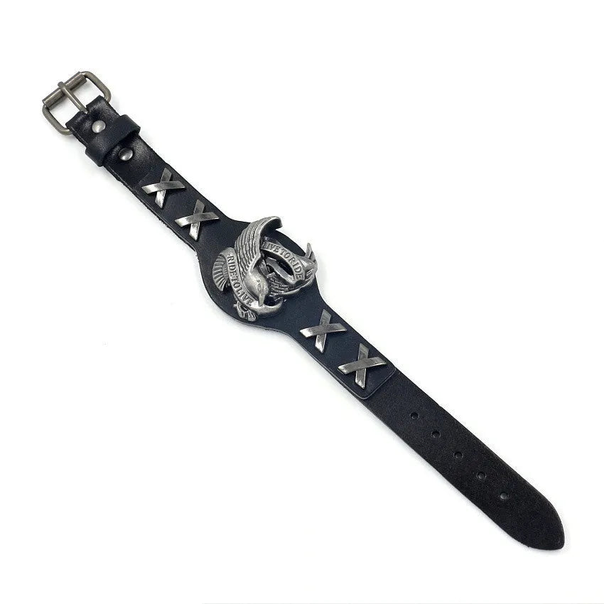 Black leather bracelet with geometric eagle watch-button clasp showing 26cm length and width variation