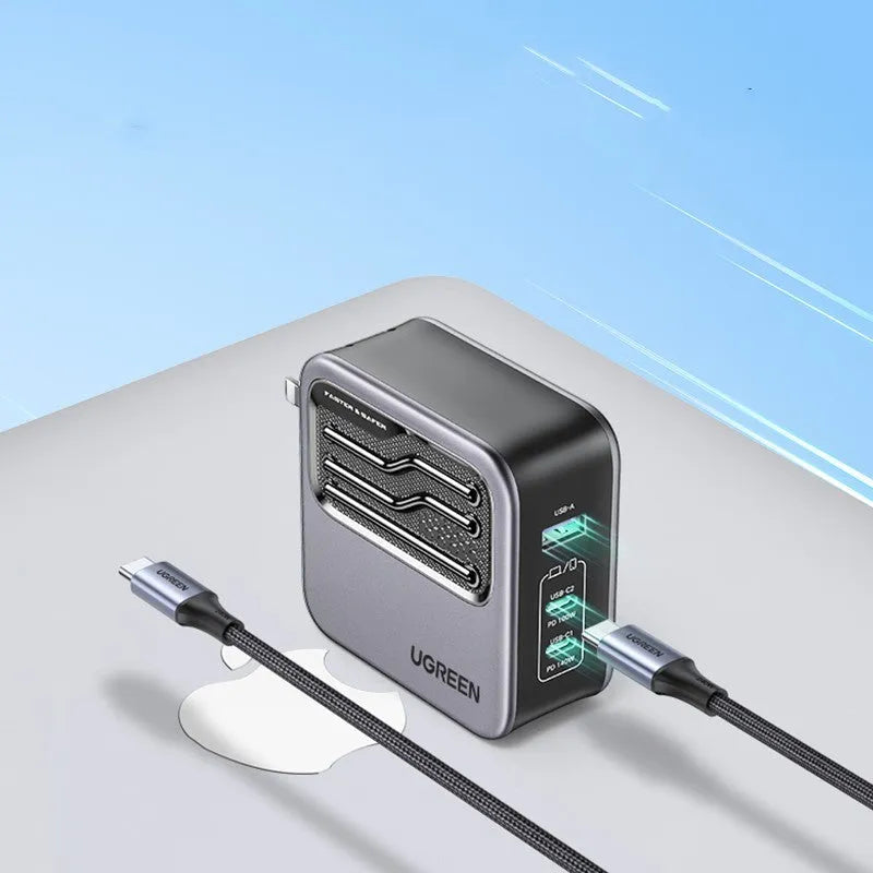 100W Gallium Nitride multi-port USB-C charger plug with attached cable on a grey background.