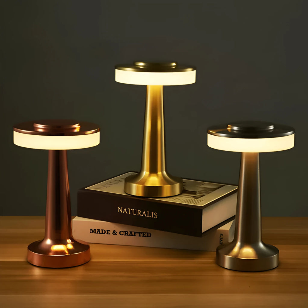 Wireless rechargeable touch sensor mushroom table lamp in gold with acrylic shade