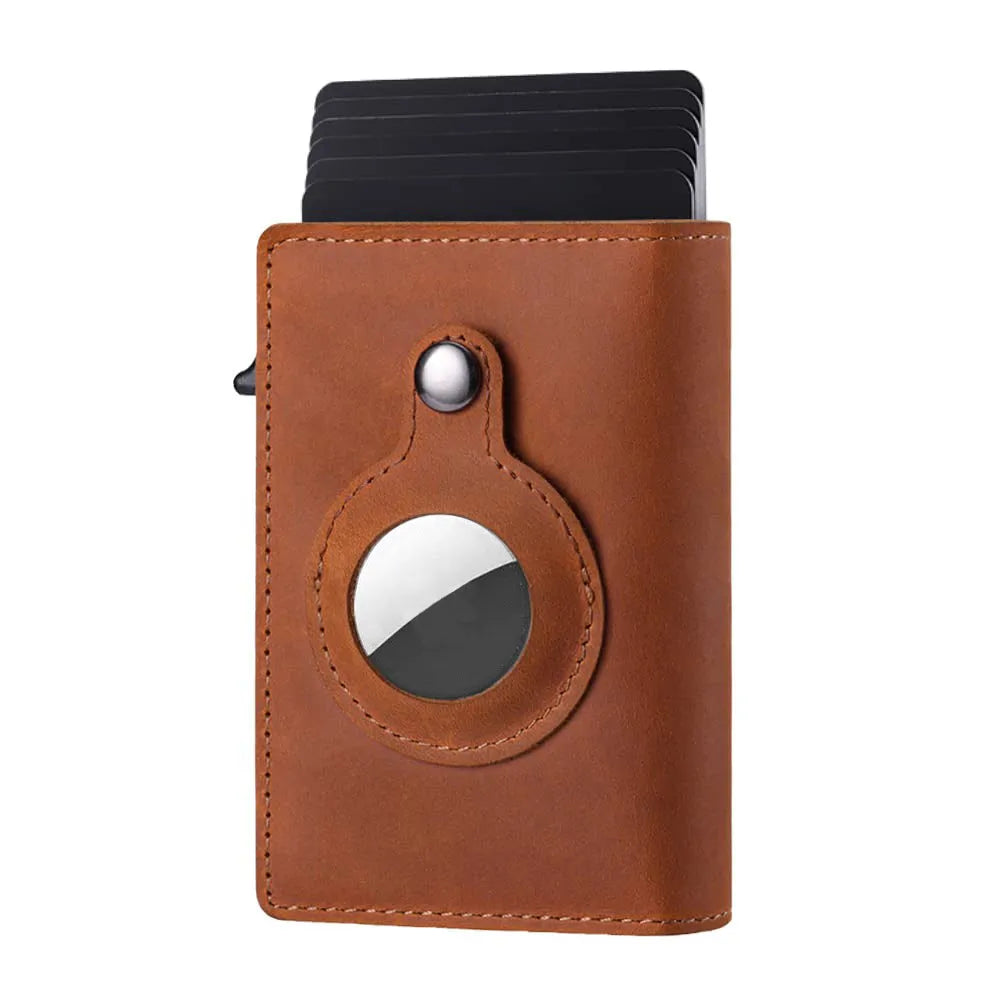 Genuine leather Crazy Horse card holder wallet with multiple card slots and air tag compartment in brown finish