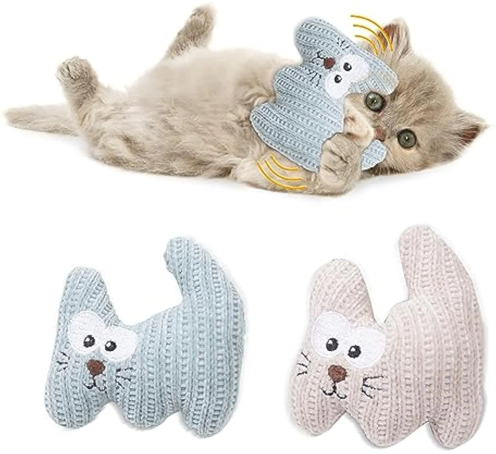 Cyan plush cat toy with bell and catnip, measuring 12cm by 11cm, on a white background