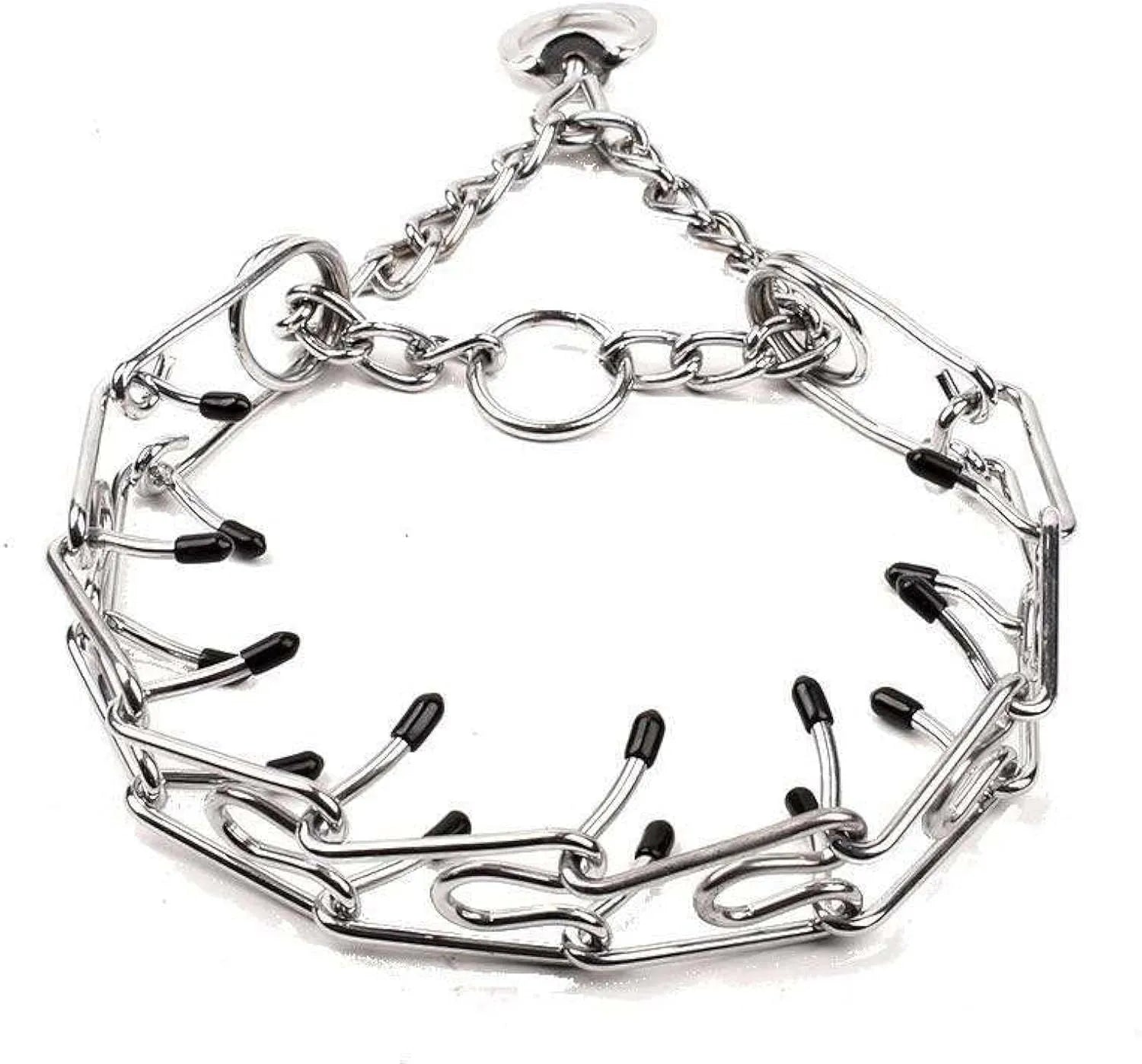 Stainless steel adjustable dog prong training collar with rubber comfort tips on a grey background.