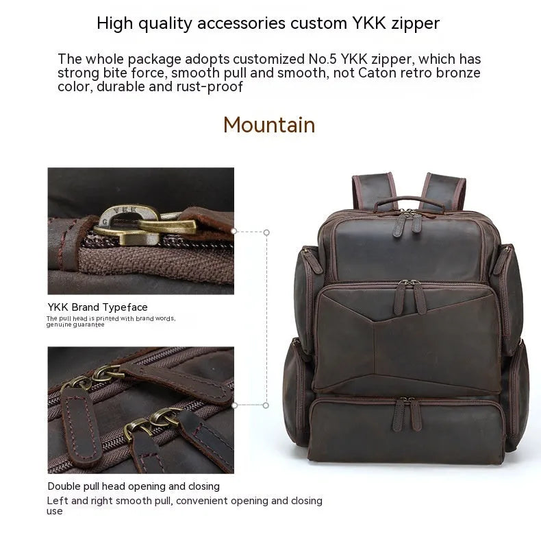 Dark brown retro crazy horse leather men's backpack showing external pockets and internal organiser for a 17-inch laptop.