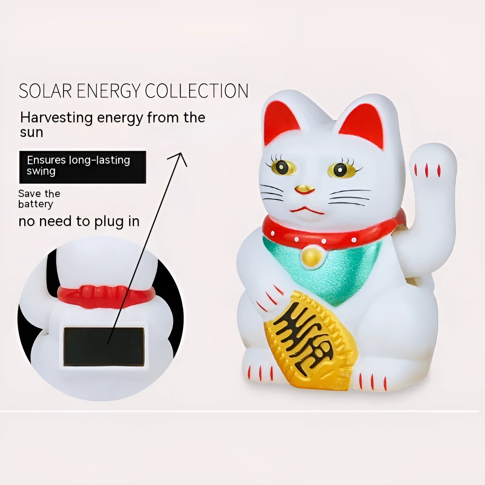 Yellow solar Maneki Neko lucky cat waving its arm on a car dashboard.