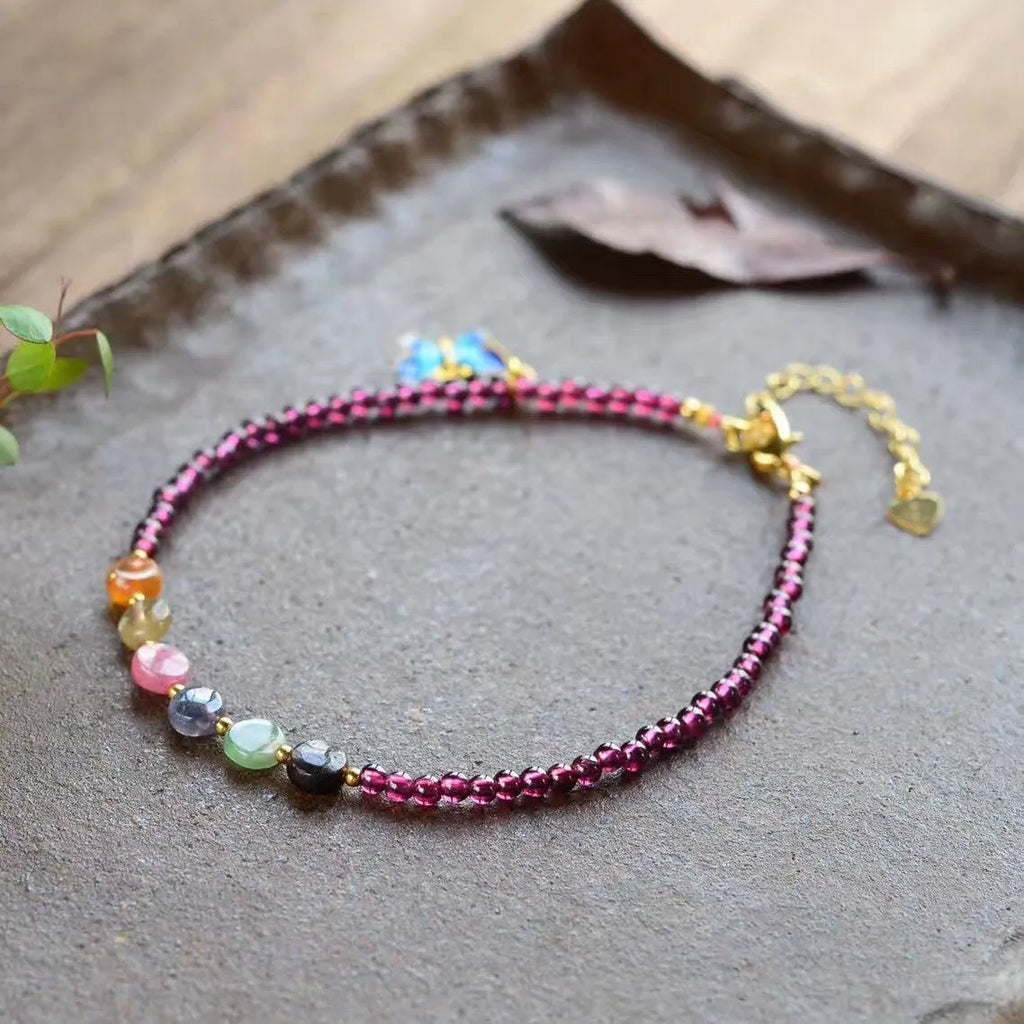 Purple garnet geometric ethnic style women's anklet with adjustable length