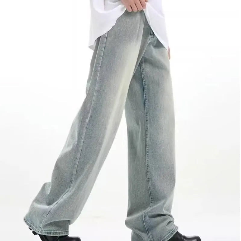 Blue loose-fit retro casual trousers made from rabbit fur with an elasticated waist.