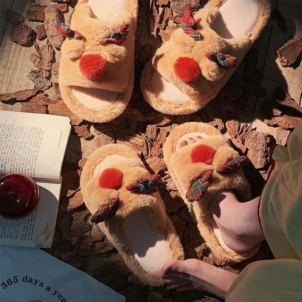 Brown suede slippers with cartoon deer design, flip-flop style with PVC sole