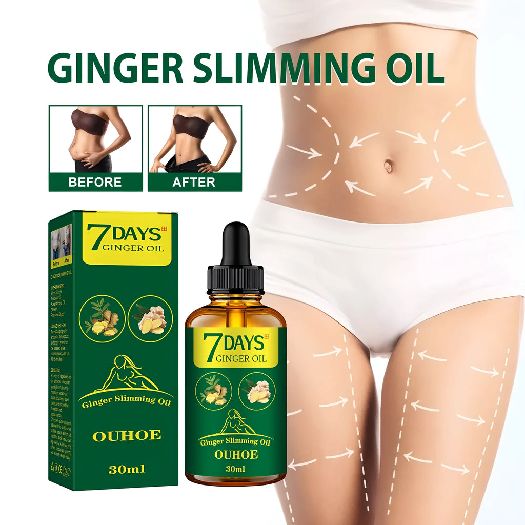 30ml bottle of ginger essential oil body shaping firming formulation for thighs and muscle toning
