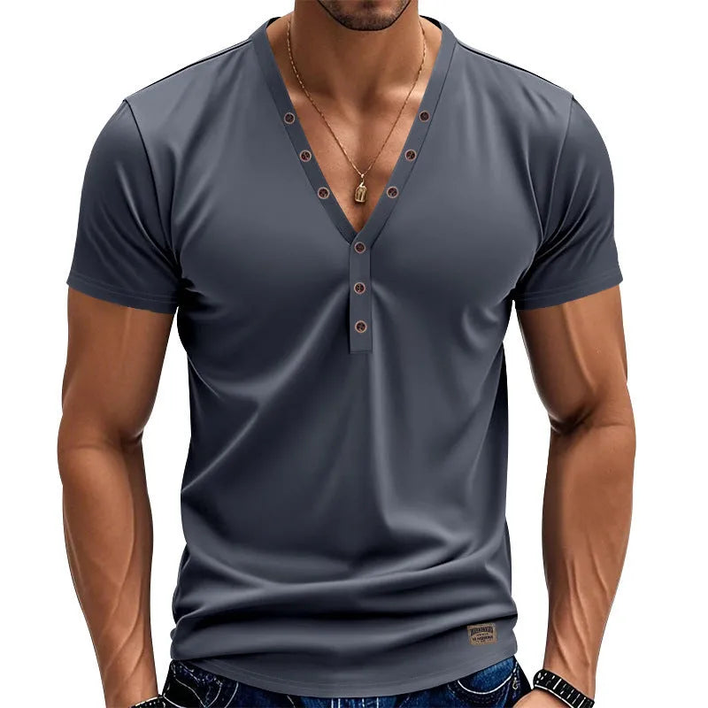 Men's loose fit v-neck pullover with button design in chemical fibre blend fabric