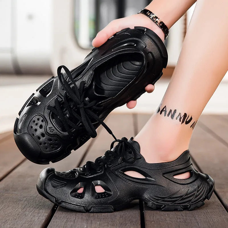 Men's black lace-up outdoor sports sandals with a non-slip EVA sole and round toe.