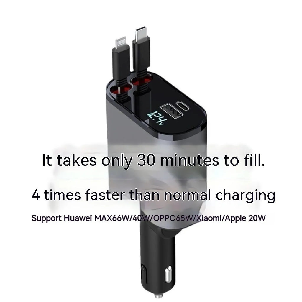 Automatic retractable cable car charger plugged into a vehicle cigarette lighter socket.