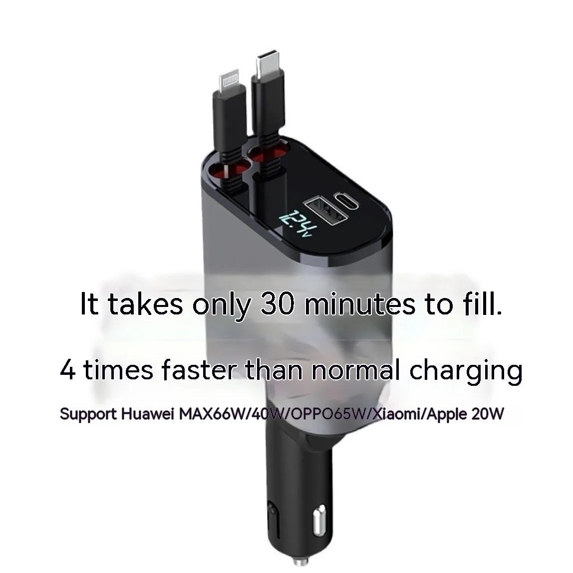 Automatic retractable cable car charger plugged into a vehicle cigarette lighter socket.
