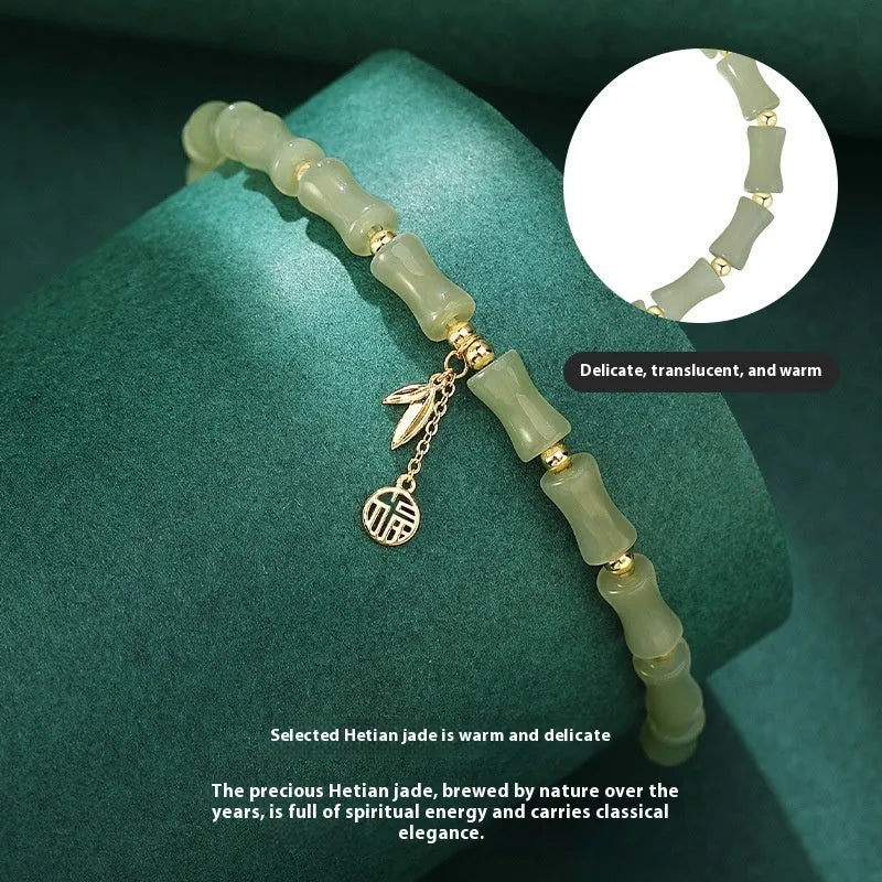 Chinese style bamboo Hetian jade bracelet and necklace set for women with alloy construction