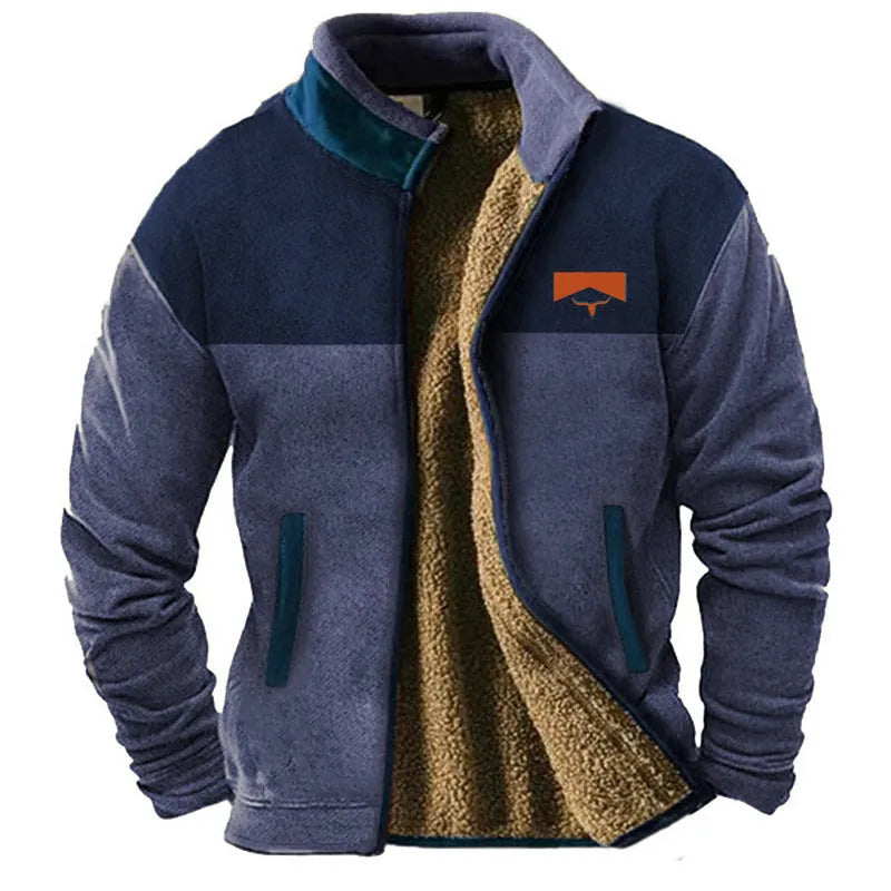 Men's green polyester fleece padded coat on a hanger, regular length.