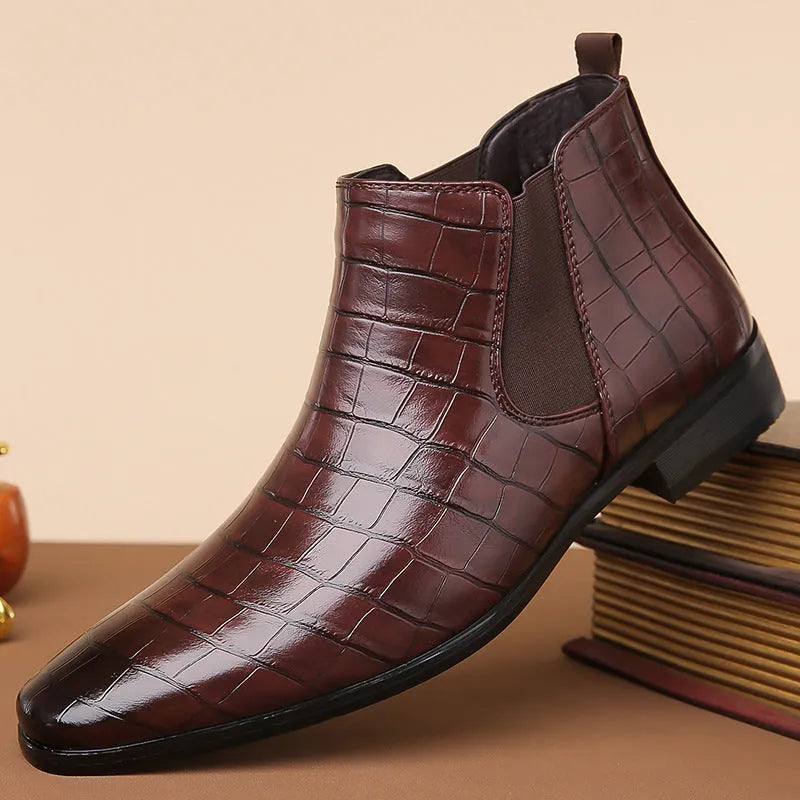 Men's glossy high-top Chelsea boots in black brown with artificial leather upper and rubber sole