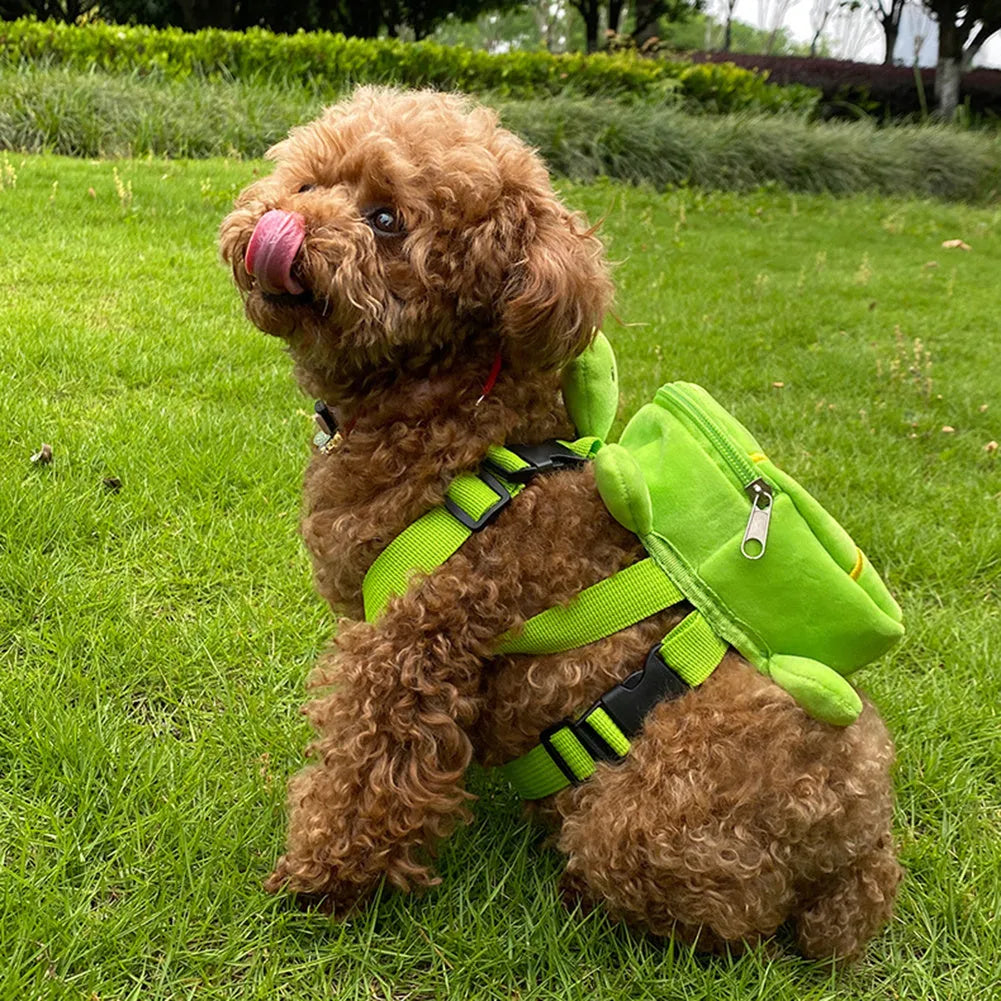 Brown turtle-shaped velvet dog backpack with metal zipper functioning as pet harness vest