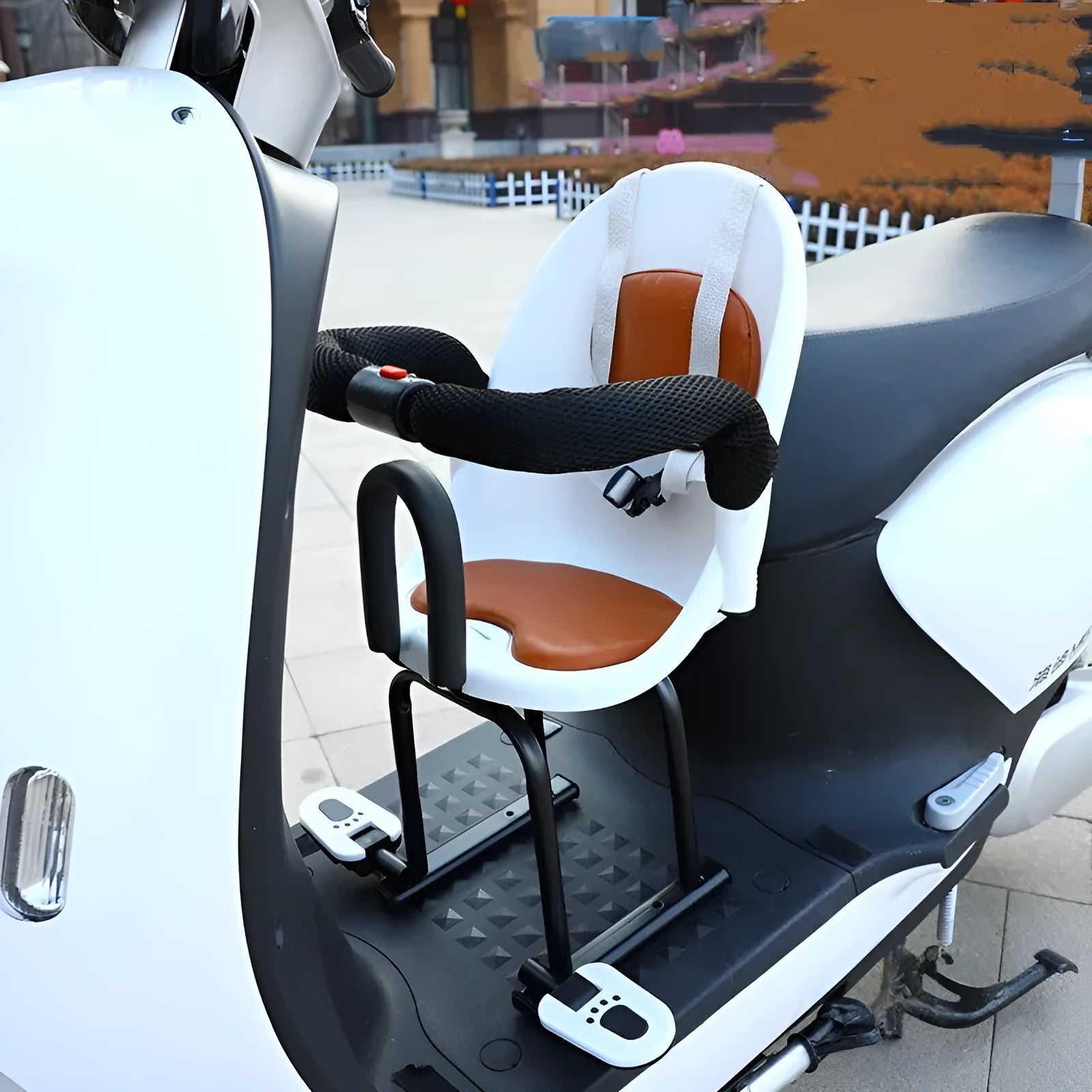 Black high carbon steel front seat for a baby scooter, shown with dimensions