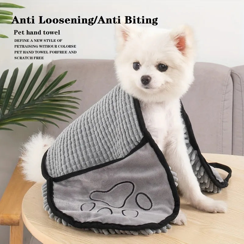 Absorbent microfiber dog towel with hand pockets in blue, purple, grey, rose, and brown, for medium large dogs
