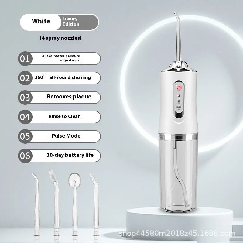 Pink portable electric water flosser with replaceable nozzles and large water tank on bathroom counter