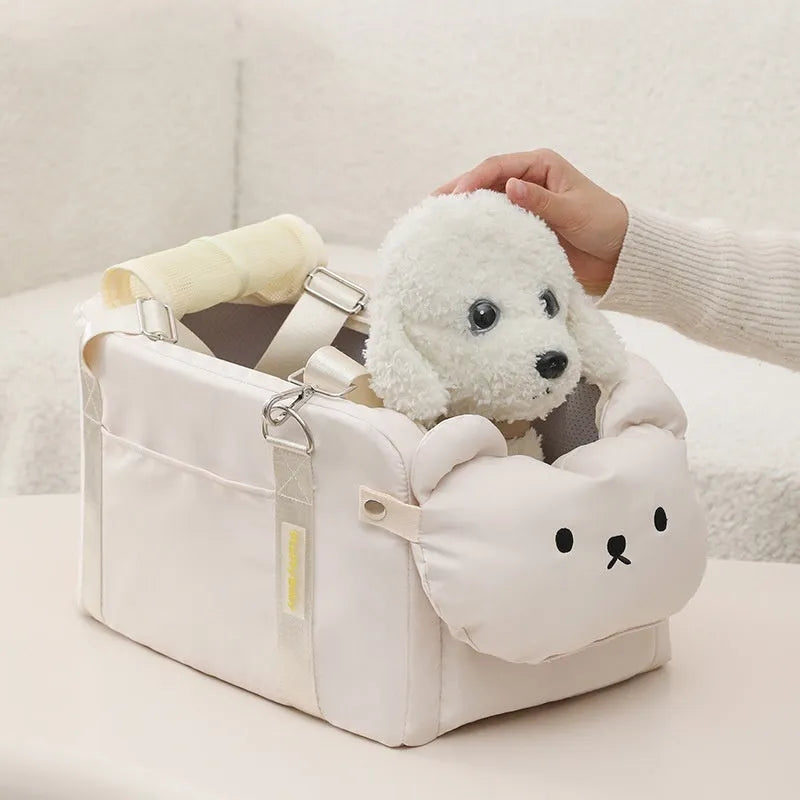 Soft beige polyester pet carrier bag with cartoon pattern for small cats and dogs