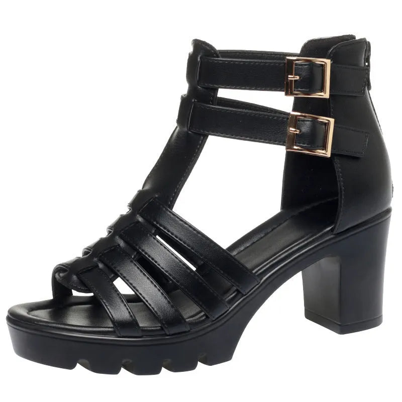 Women's beige hollow-out high heel shoes with rhinestone buckle and fish mouth toe, Korean style.