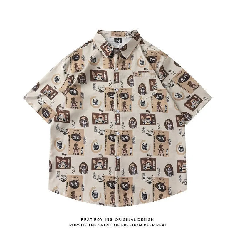 Man's loose fit short sleeve shirt with all-over floral print in a cardigan style.