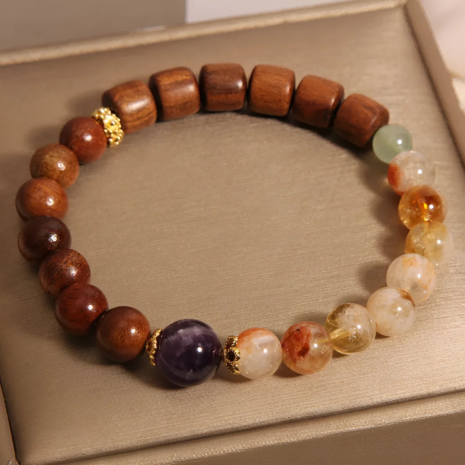 Women's crystal bracelet with yellow tower crystal and ebony amethyst beads featuring pearl accents