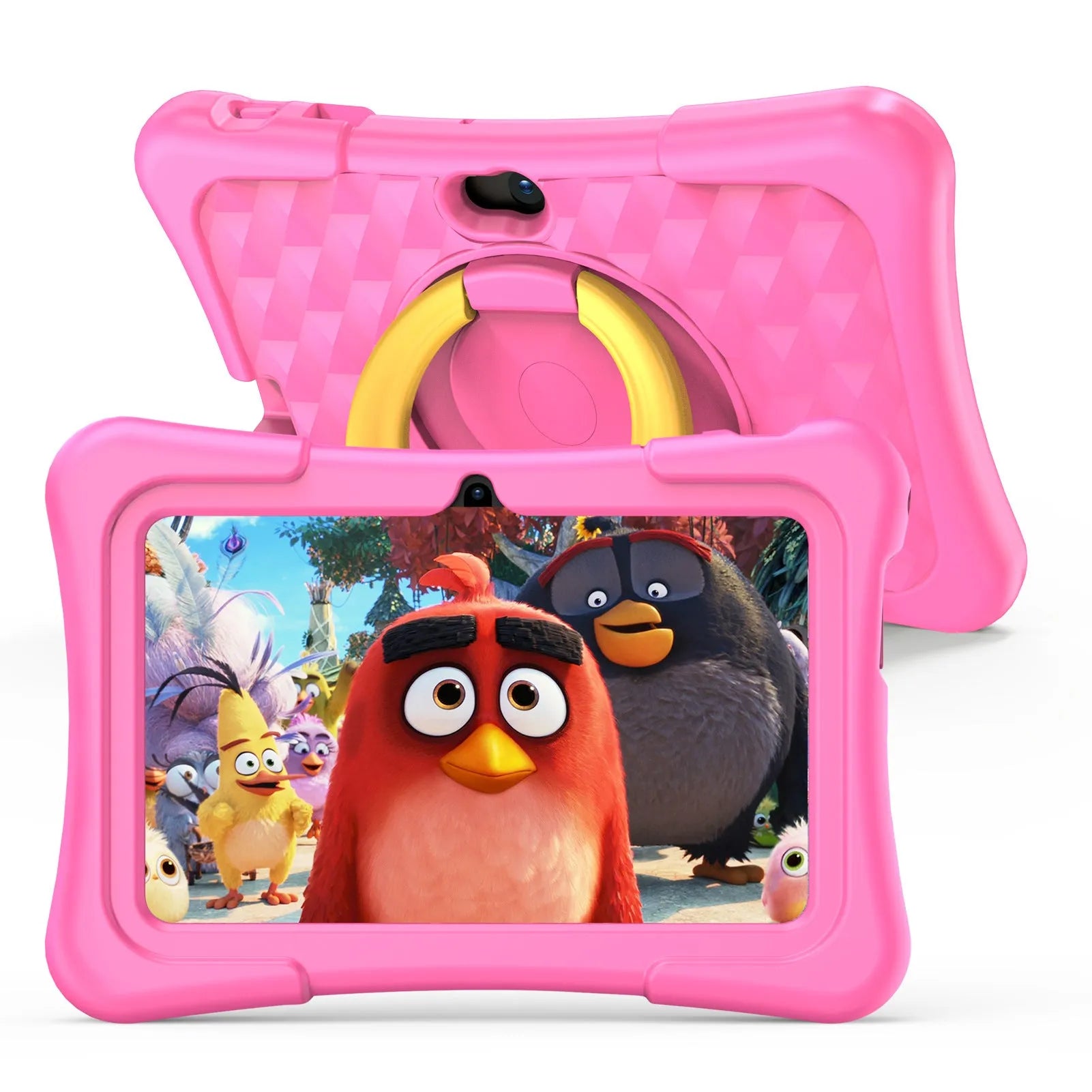 Blue children's 7-inch educational tablet with a silicone protective cover attached, sitting in its rotating handle bracket.