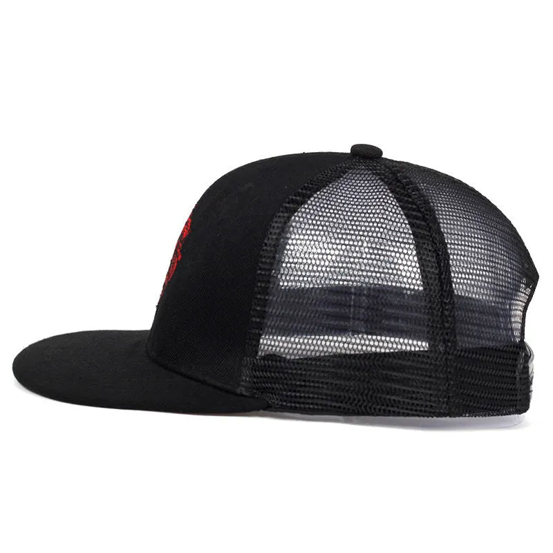 Cotton baseball cap with lion face embroidery in black, front view, adjustable back strap