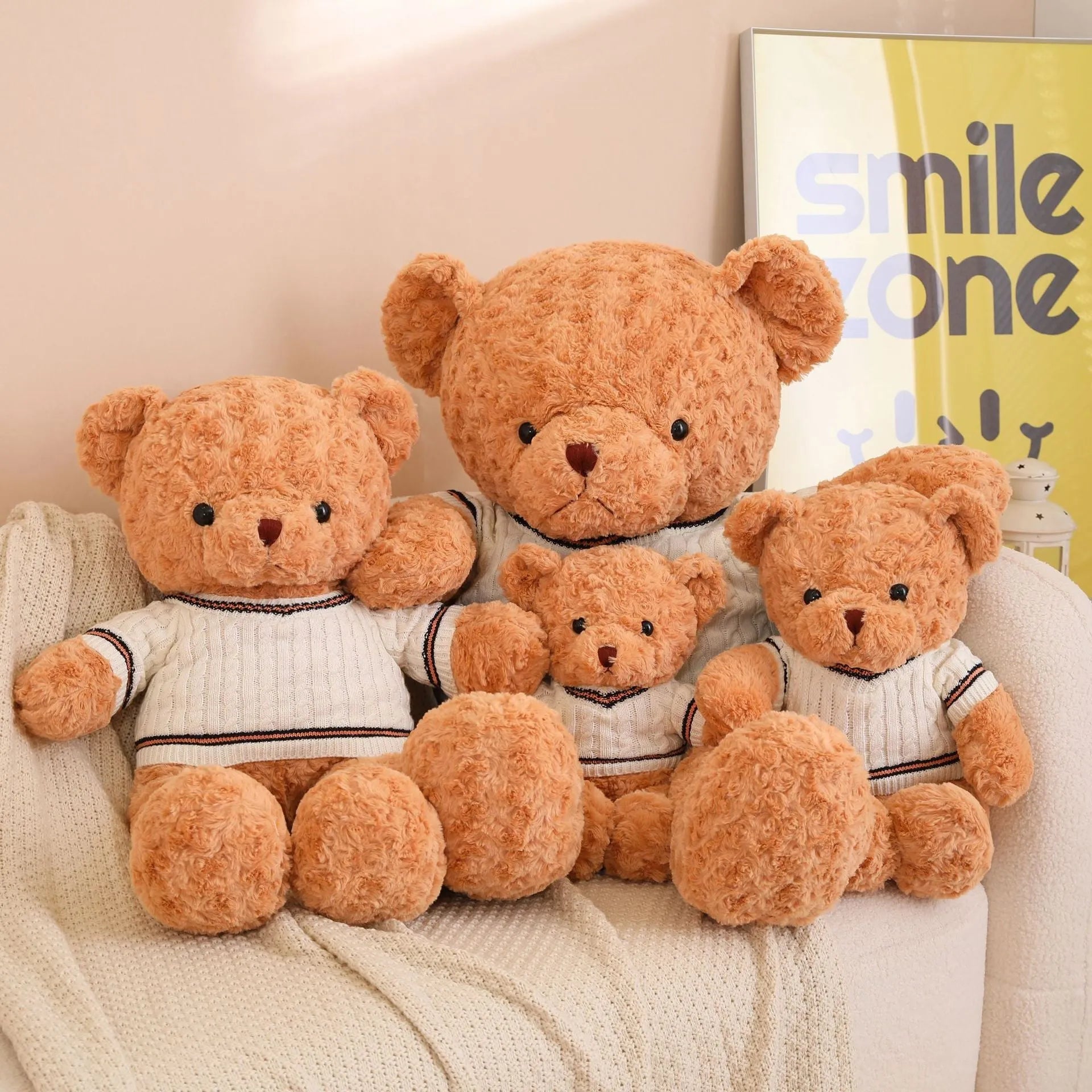 White sweater teddy bear plush toy with cloth velvet fabric and PP cotton filling, standing on a neutral background