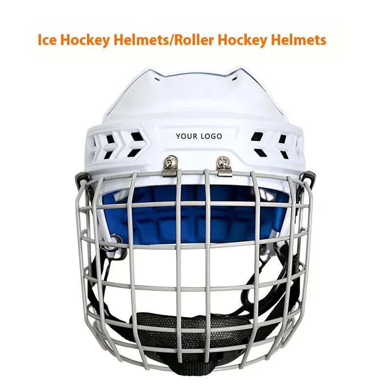 Ice hockey helmet with a carbon steel face mask and cushioned lining, shown in available sizes.