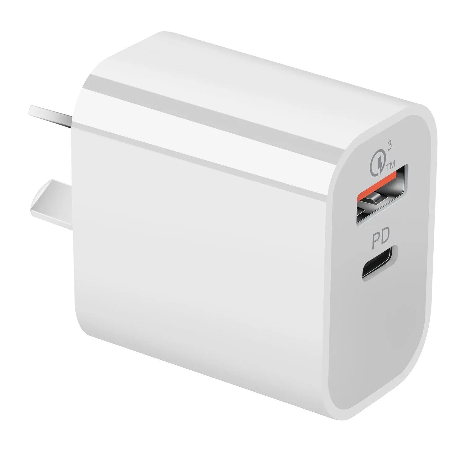 White Australian Standard dual port USB charger with USB-A and USB-C interfaces