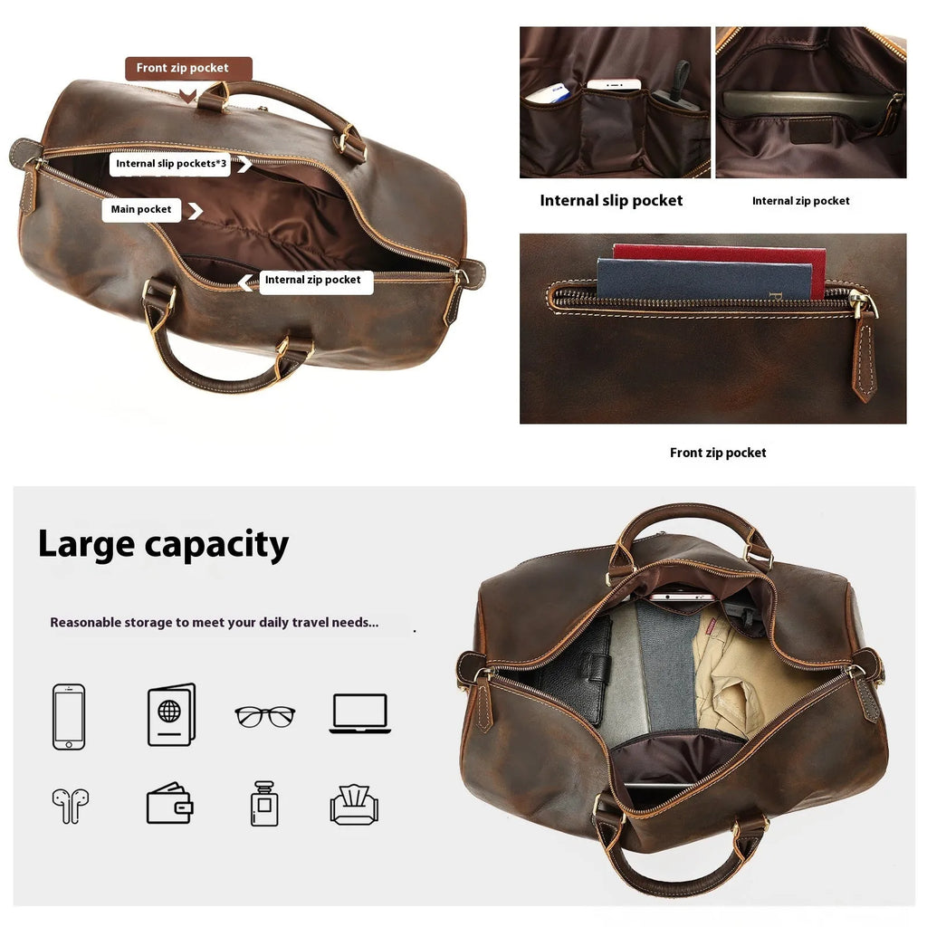 Men's vintage leather crossbody bag showing large capacity and first-layer cowhide material