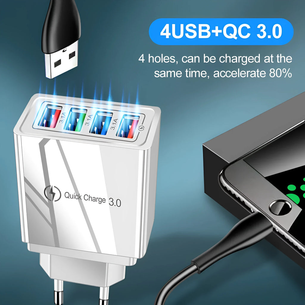 Four-port USB charging head with luminous indicator in black and white colour