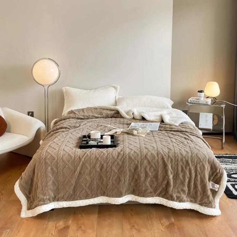 Double bed winter thermal flannel blanket in beige colour showing thickened texture and modern simplicity design