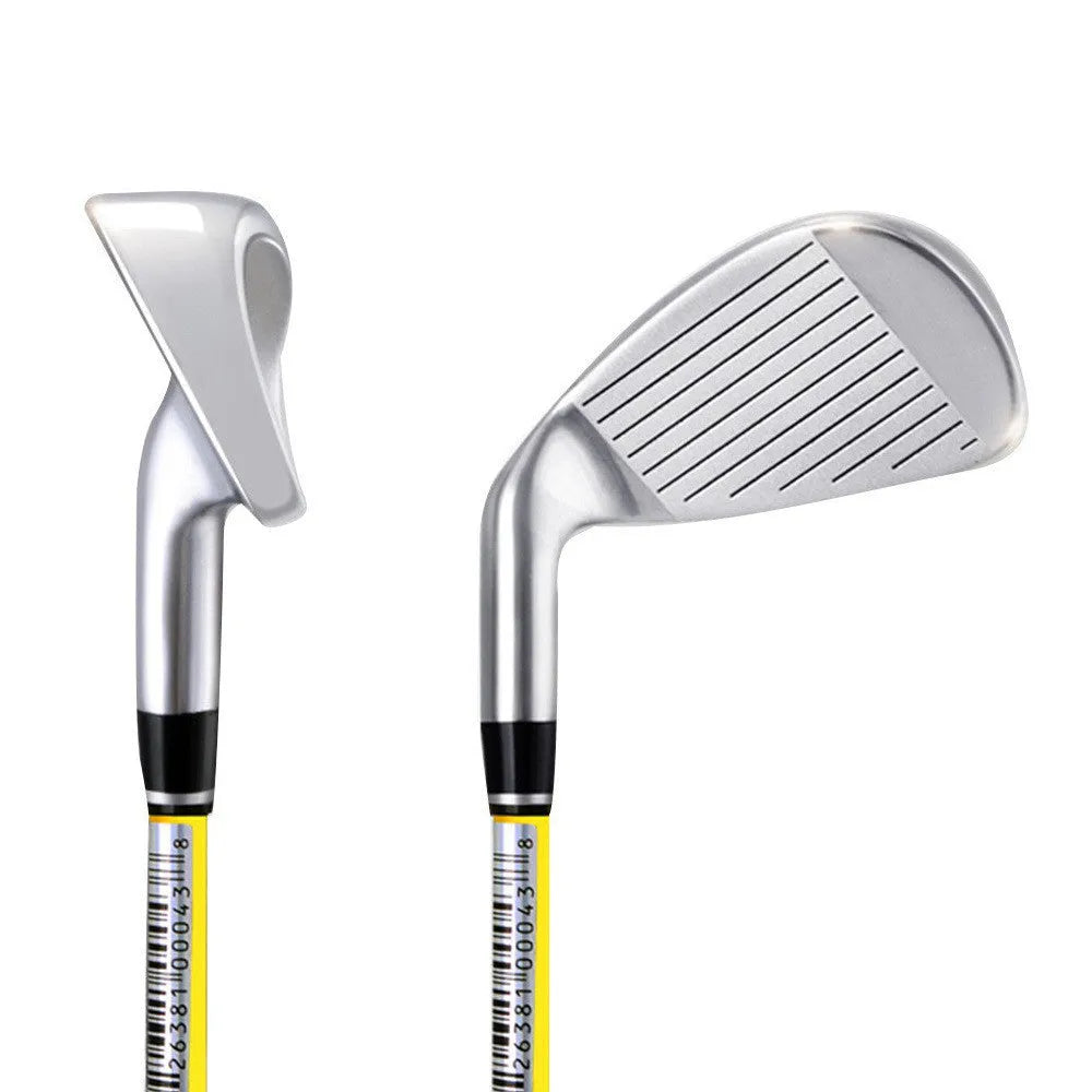 Children's golf club set featuring a forged aluminium driver, two iron poles, a putter, and a ball bag on a grassy field