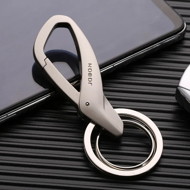 Zinc alloy double ring key chain in black, chrome, or nickel colour, shown with keys attached.