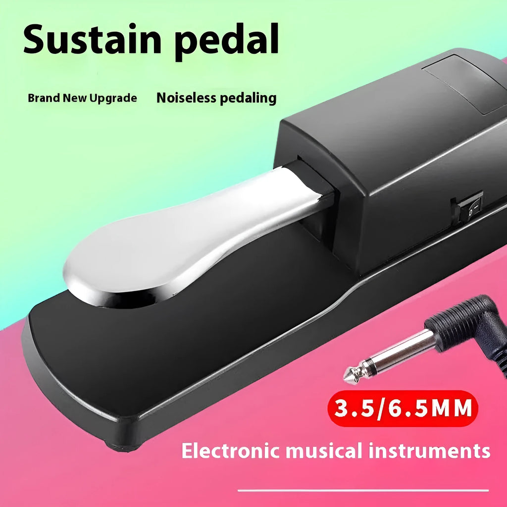 Black universal sustain pedal for electronic MIDI keyboards with single leg design and 6.35mm jack connector