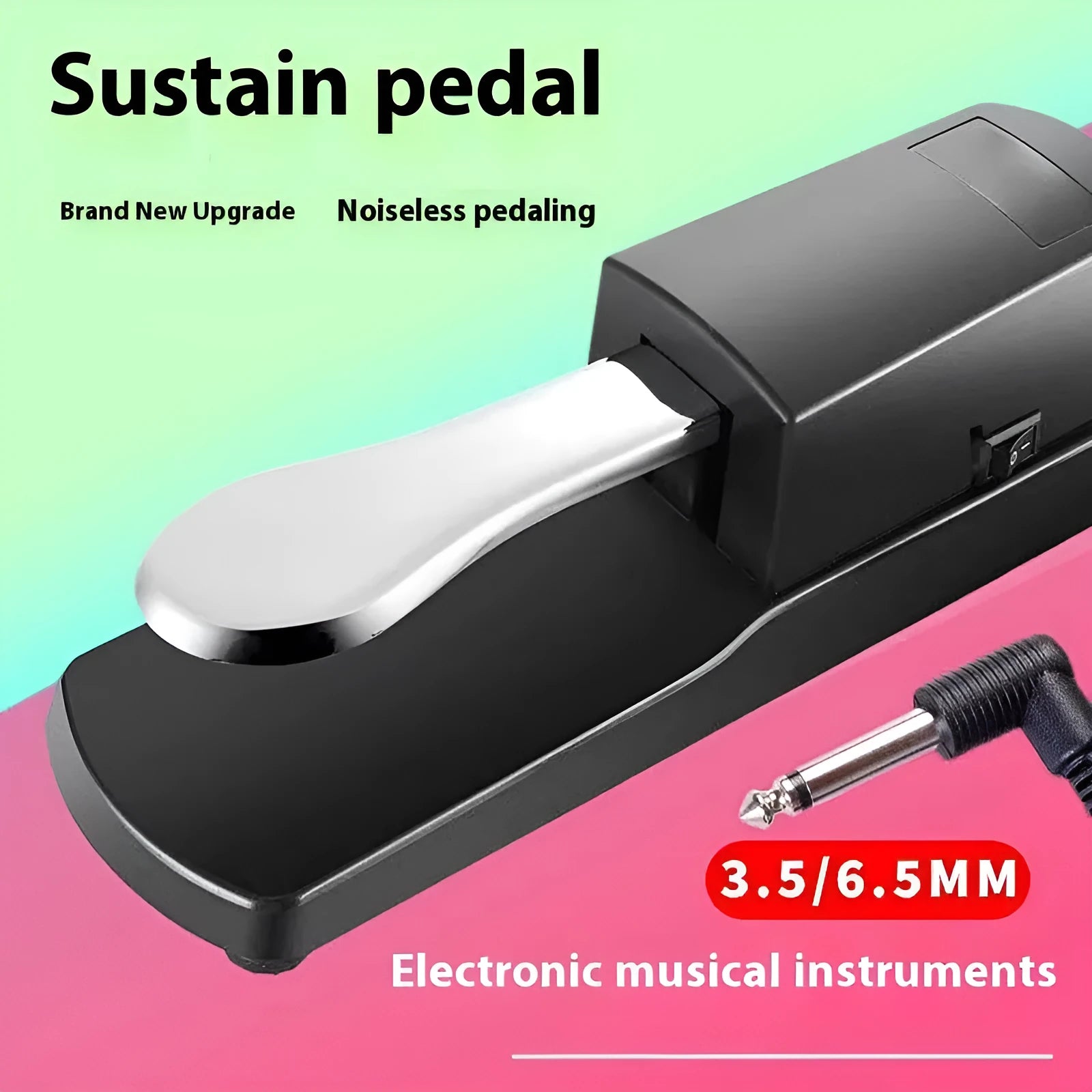 Black universal sustain pedal for electronic MIDI keyboards with single leg design and 6.35mm jack connector