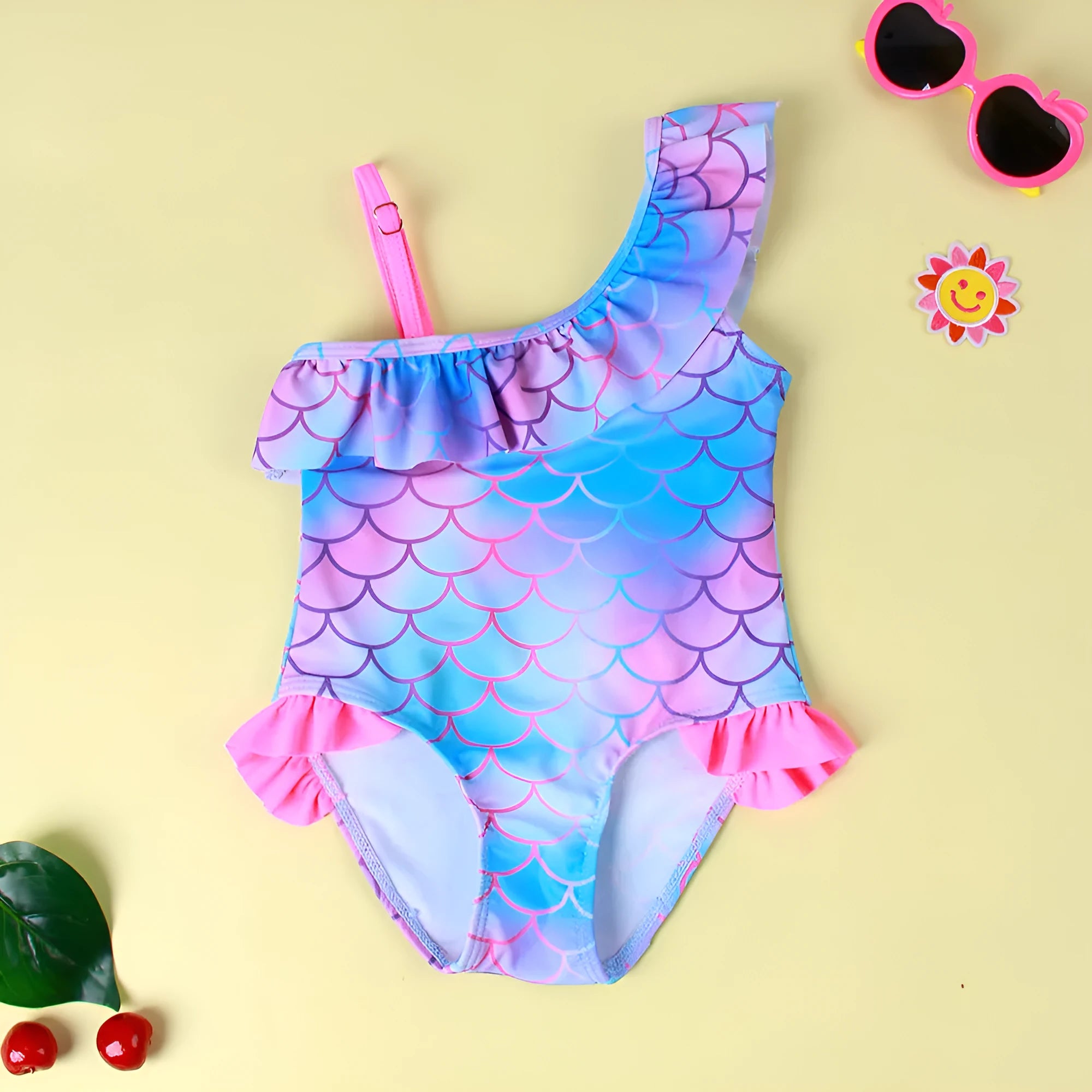 Girls' one-piece swimsuit with cartoon scale print and flounced gradient design in high elasticity nylon.