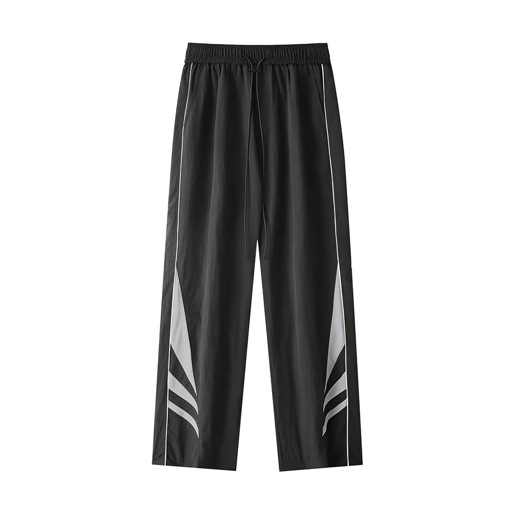 A pair of black straight-leg men's casual trousers on a hanger, showing the mid-rise waist and non-ironing fabric texture.