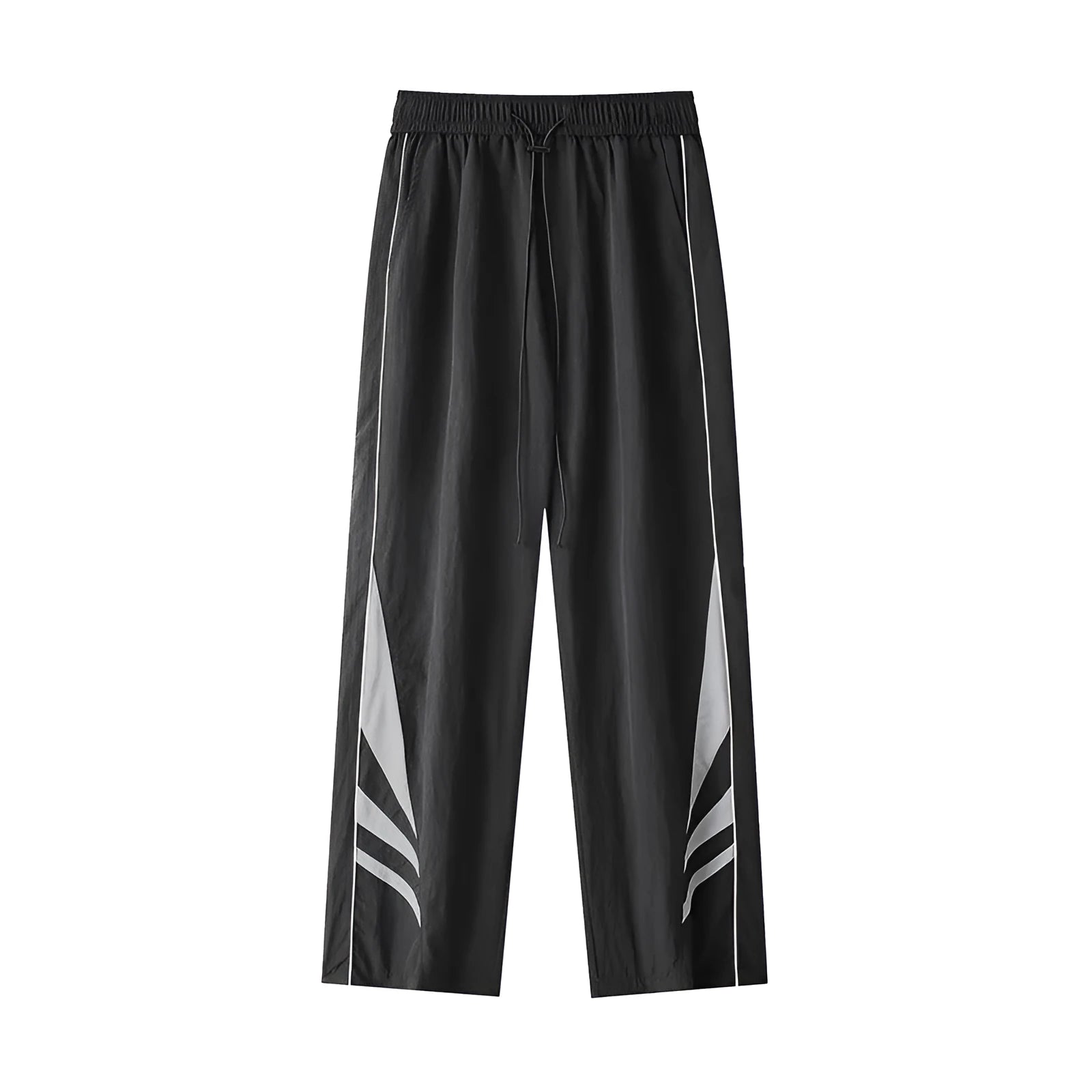 A pair of black straight-leg men's casual trousers on a hanger, showing the mid-rise waist and non-ironing fabric texture.