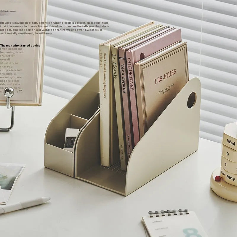 Two plastic desktop storage boxes with internal grid compartments in milk coffee and ivory white colours.