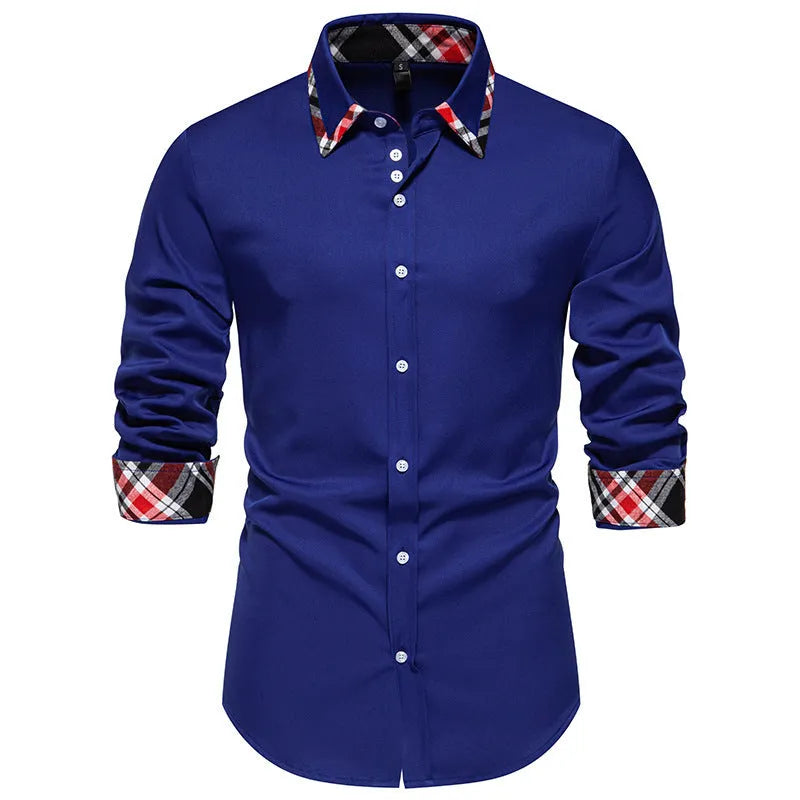 Men's blue plaid long sleeve shirt with a white triangle contrast collar laid flat.