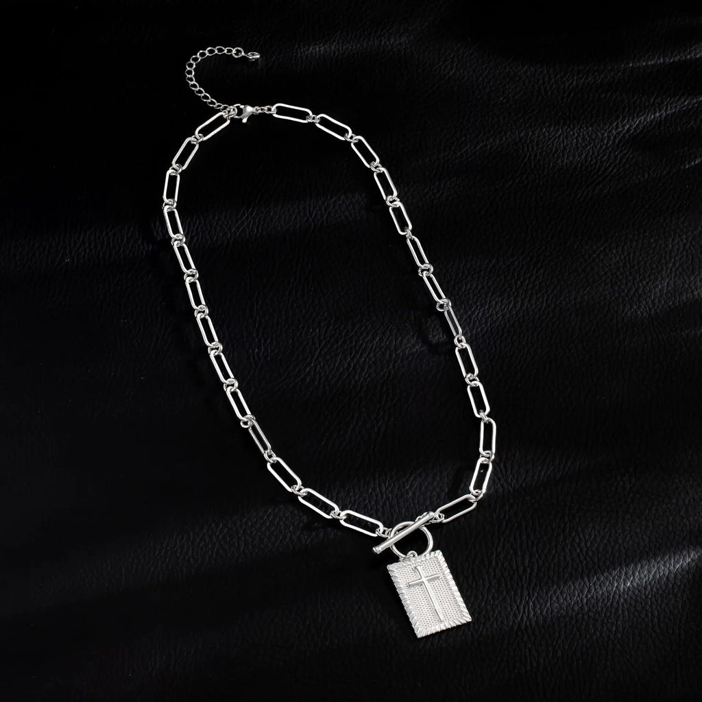 Stainless steel cross necklace with gold square plate electroplated pendant and titanium steel clip chain