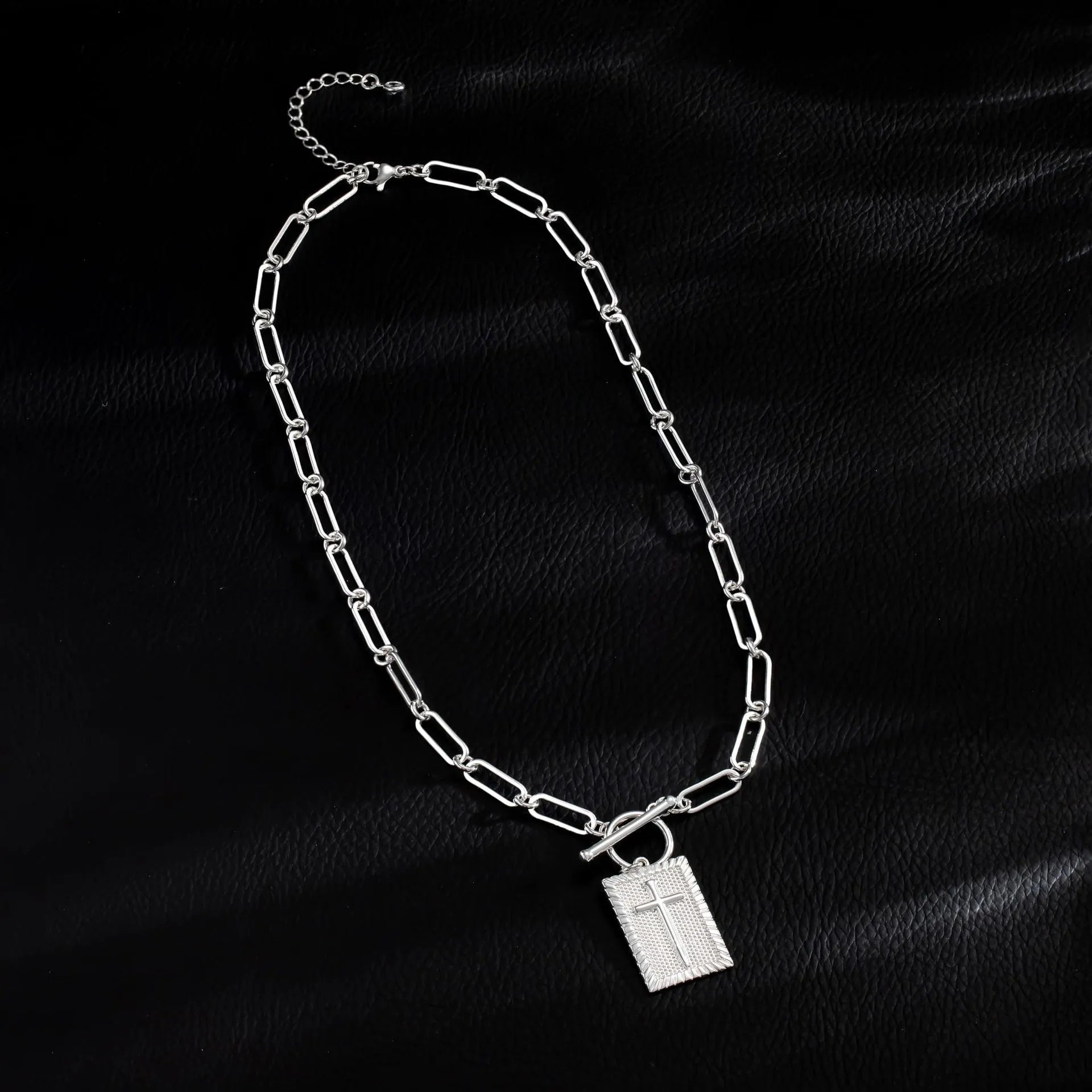 Stainless steel cross necklace with gold square plate electroplated pendant and titanium steel clip chain