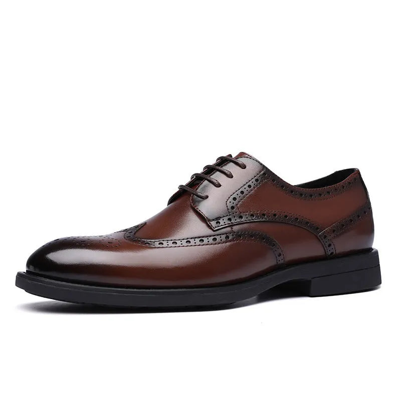 Men's black brogue formal shoes with a lace-up front and perforated detail.